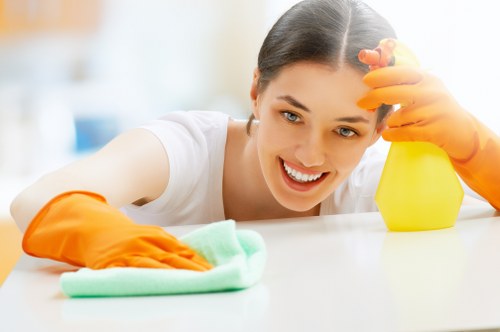 Cleaner applying safety procedures during a professional cleaning task