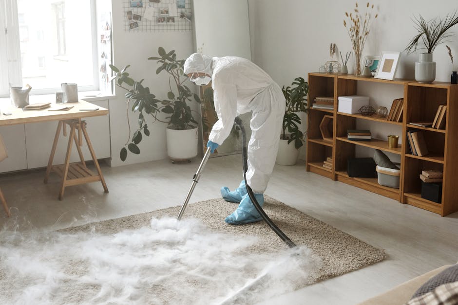 A professional cleaner from Maida Vale Cleaners, dressed in a white protective suit, blue gloves, and a face mask, is engaged in deep cleaning a plush, light-colored wool rug in a bright, modern living room. The cleaner is using a steam cleaning machine with a black hose, applying steam and cleaning agents to the carpet to remove dirt and dust. The room has large windows allowing natural light to illuminate the space, which features a wooden shelving unit with various decorative items, books, and storage baskets, as well as potted plants and framed photographs on the shelves. To the left, a light wooden table with matching chairs is positioned near the windows, and a ceramic vase and small decorative objects are placed on the table. The clean surfaces and well-maintained appearance highlight the importance of thorough surface cleaning and hygiene in domestic environments, exemplifying Maida Vale Cleaners' commitment to professional cleaning and sanitisation services.