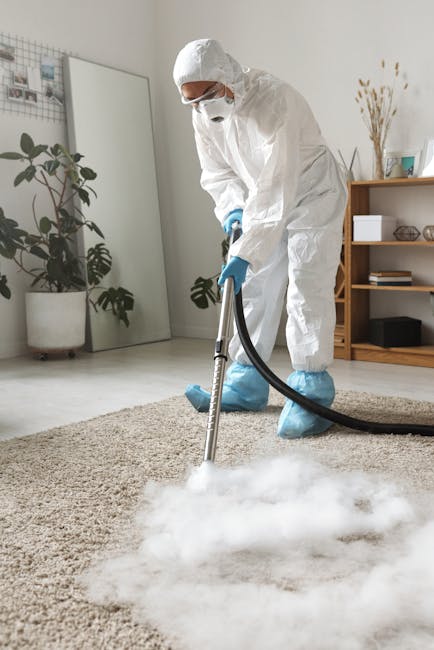 A professional cleaner from Maida Vale Cleaners, dressed in a white protective suit, blue gloves, and a face mask, is engaged in deep cleaning a plush, light-colored wool rug in a bright, modern living room. The cleaner is using a steam cleaning machine with a black hose, applying steam and cleaning agents to the carpet to remove dirt and dust. The room has large windows allowing natural light to illuminate the space, which features a wooden shelving unit with various decorative items, books, and storage baskets, as well as potted plants and framed photographs on the shelves. To the left, a light wooden table with matching chairs is positioned near the windows, and a ceramic vase and small decorative objects are placed on the table. The clean surfaces and well-maintained appearance highlight the importance of thorough surface cleaning and hygiene in domestic environments, exemplifying Maida Vale Cleaners' commitment to professional cleaning and sanitisation services.